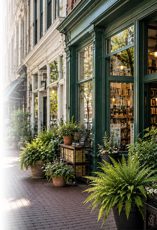 downtown storefront with plants at bookstore entrance