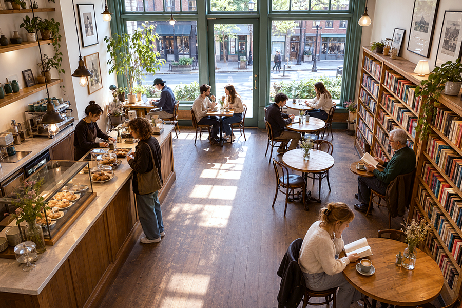 overhead view of bookstore cafe