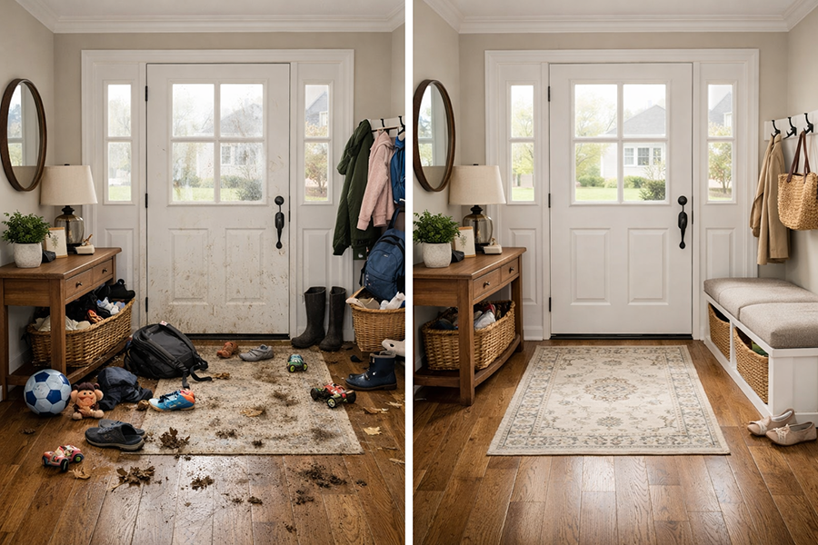 before & after cleaning of a front hallway in a suburban home