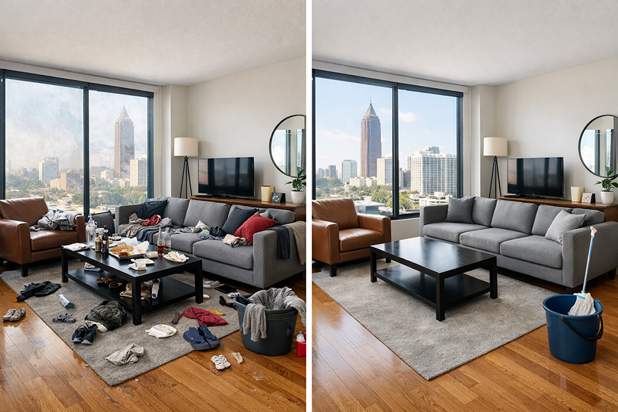 before & after cleaning of a high rise apartment