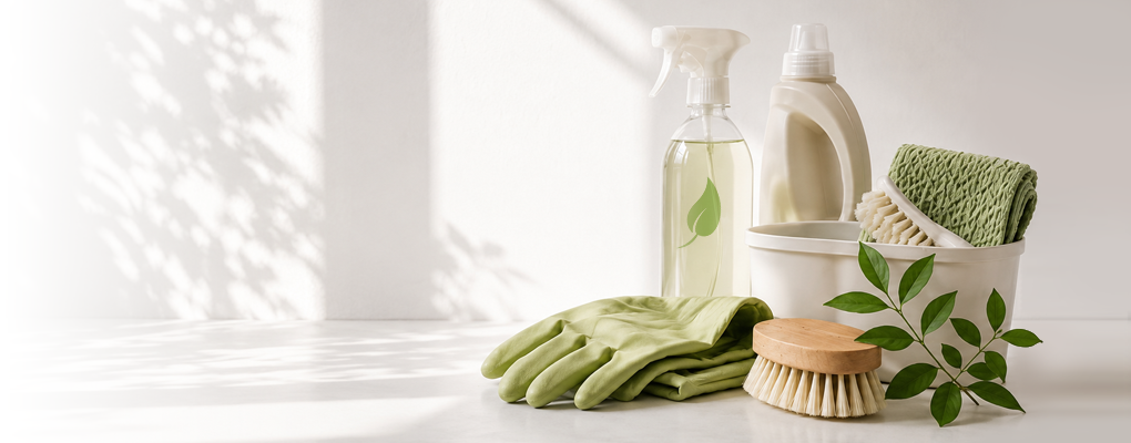 basket of cleaning supplies and twig of healthy green leaves