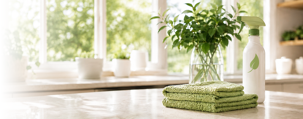 bright and sunny kitchen counter with spray bottle and cleaning towel