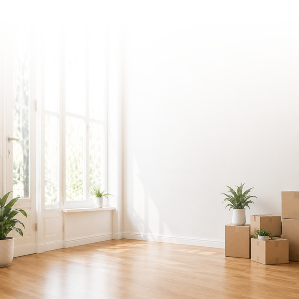 clean and empty apartment or home with several boxes stacked