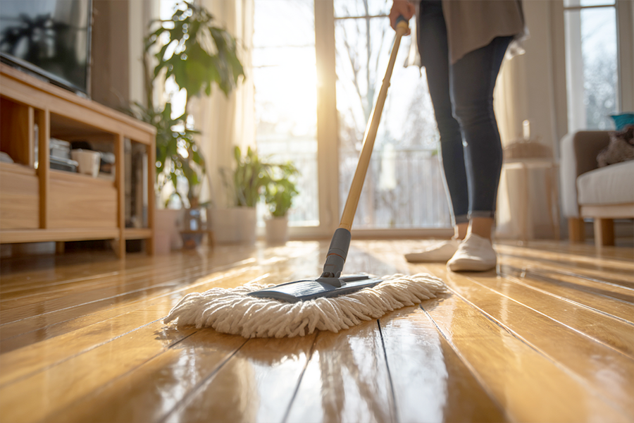 woman in socks dry mopping a sunny laquered hardwood floor