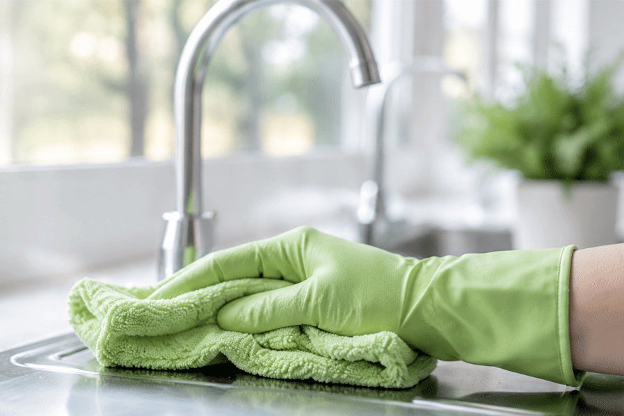 nina's green glove cleaning a kitchen sink on a various job