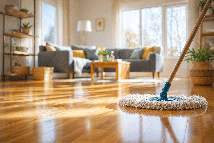 Shiny genuine hardwood floors with sunlight reflected and being swept by a soft dry mop